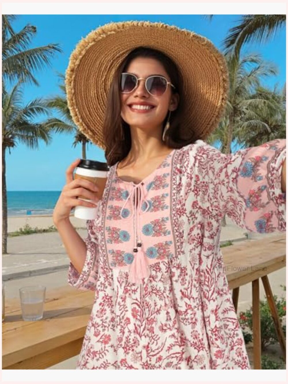 Boho Babydoll Top 3/4 Lantern Sleeve Peplum Blouse V-Neck Tie Front Tunic - Picture 3 of 7